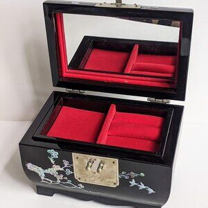Oriental Lacquer Wooden Jewelry Trinket Keepsake Treasure Chest Box w/ MOP Inlay